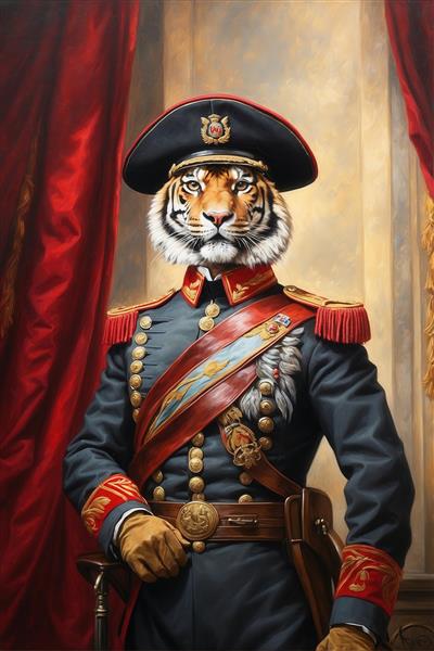 عکس ببر با یونیفرم نظامی کلاسیک مشکی و قرمز برای دکوراسیون باکیفیت