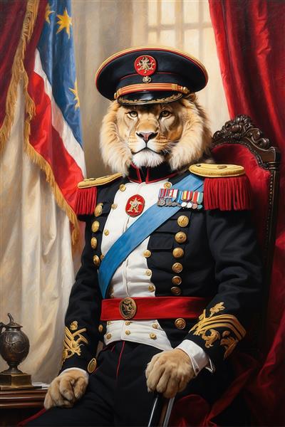 طرح شیر افسر با لباس رسمی سفید و مشکی برای چاپ دکوراتیو منزل