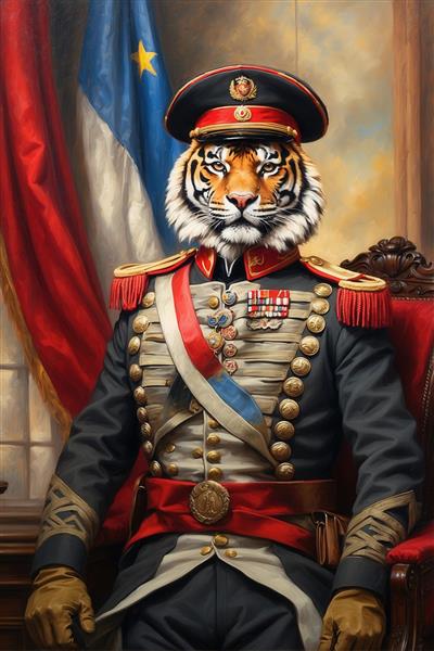 عکس ببر با یونیفرم نظامی کلاسیک و پرچم آبی و قرمز برای تابلو دکوراتیو