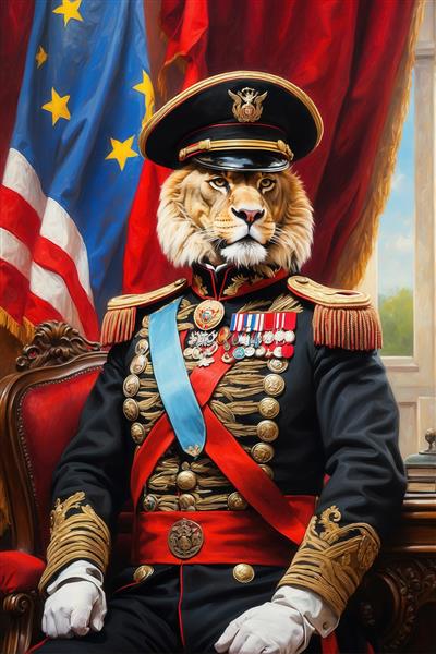 تصویر شیر فرمانده با لباس مشکی و مدال‌های زیاد برای پوستر دیواری