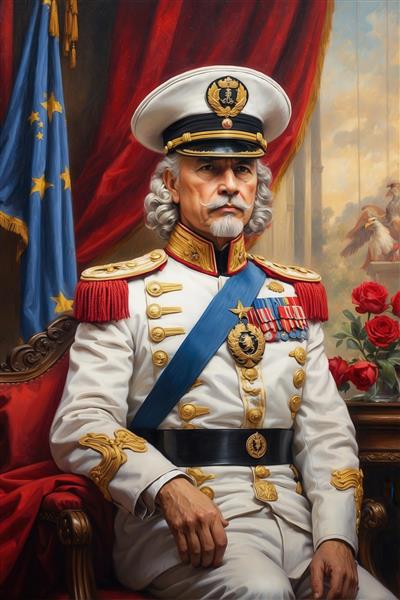 پرتره مرد ژنرال با یونیفرم سفید و مدال برای چاپ پرده یا روتختی