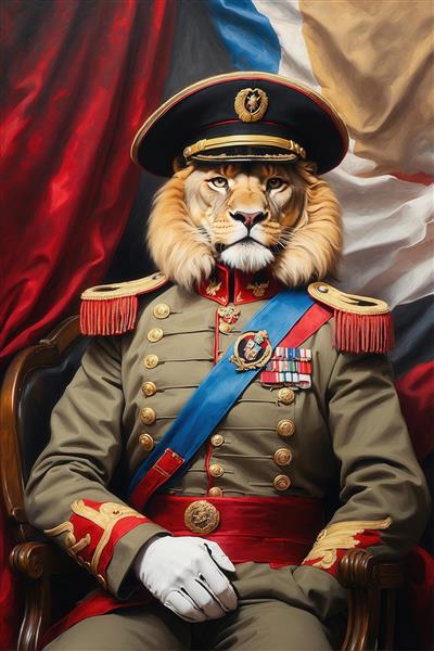 عکس شیر ژنرال با یونیفرم زیتونی و ساس بند آبی برای دکوراسیون کلاسیک