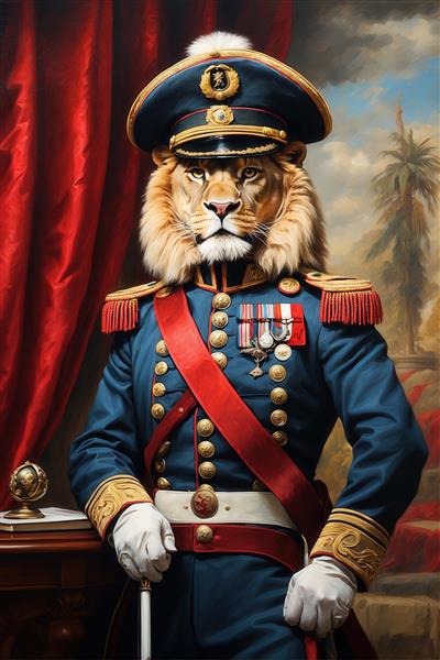 تصویر شیر با لباس رسمی آبی سلطنتی در منظره دکوراتیو باکیفیت