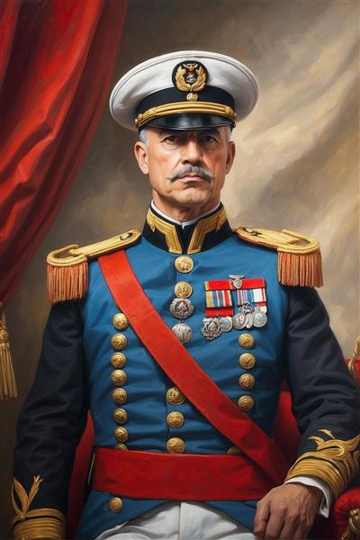 پرتره مرد افسر با یونیفرم آبی و کلاه سفید برای تابلو دکوراتیو با کیفیت