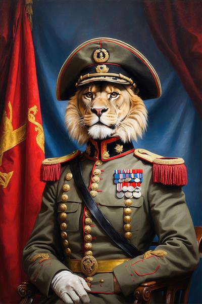 طرح شیر با یونیفرم نظامی زیتونی و مدال برای چاپ دکوراسیون منزل