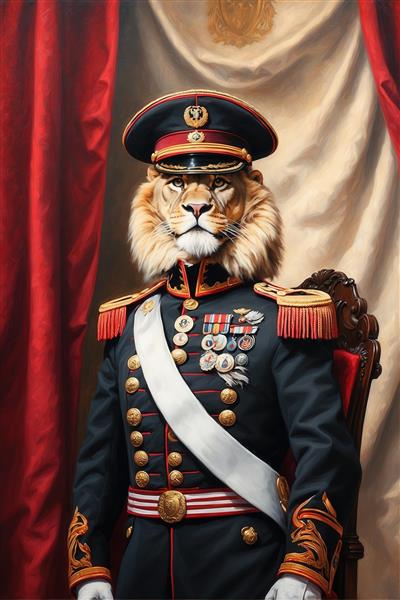 تصویر شیر با لباس رسمی افسری مشکی و سفید برای تابلو کلاسیک