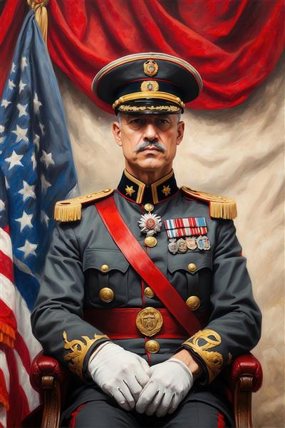 طرح مرد ژنرال با یونیفرم خاکستری و پرچم آمریکا برای چاپ باکیفیت