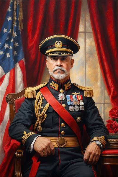 عکس پرتره مرد ژنرال با پرچم آمریکا برای تابلو دکوراتیو کلاسیک