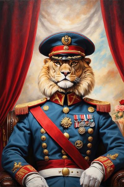 تصویر شیر افسر ارشد با یونیفرم آبی و مدال برای تابلو دکوراتیو نشیمن