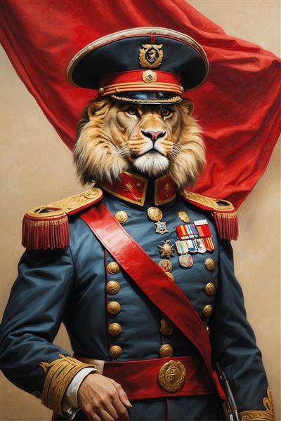 طرح شیر با یونیفرم نظامی آبی سلطنتی و پرچم قرمز برای پوستر دیواری