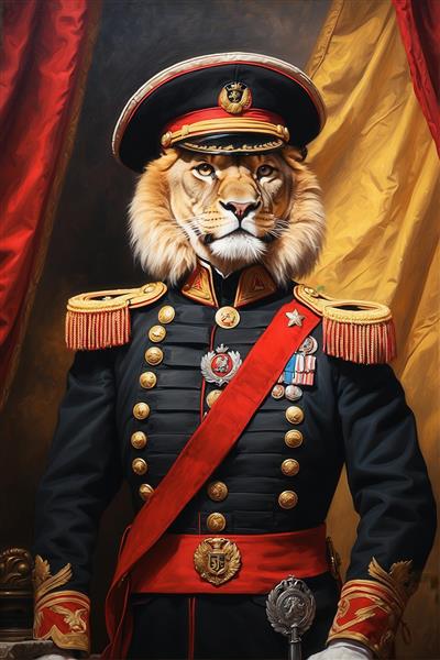 عکس شیر با لباس افسری آبی و قرمز کلاسیک برای تابلو دکوراتیو لاکچری