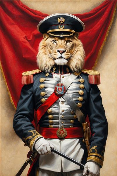 طرح شیر با لباس تشریفاتی سفید و مشکی پرتره رسمی برای چاپ پرده