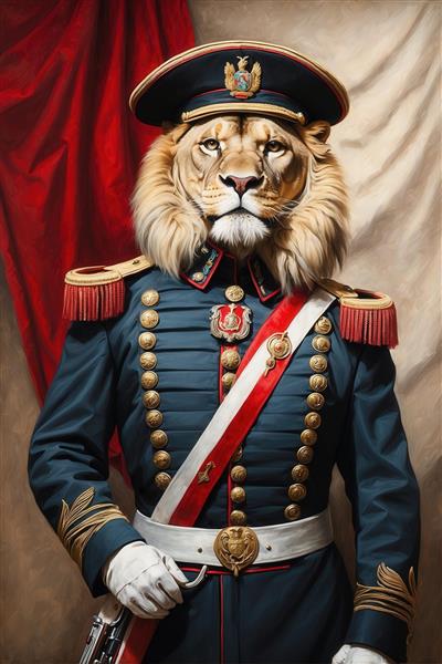 تصویر پرتره شیر ژنرال با یونیفرم آبی و قرمز برای چاپ دکوراسیون منزل
