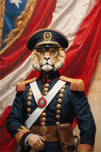 عکس شیر با یونیفرم نظامی سلطنتی و پرچم قرمز برای تابلو دکوراتیو