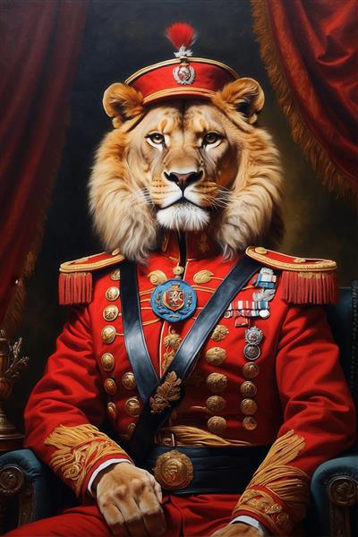 نقاشی پرتره شیر سلطنتی نشسته با یونیفرم قرمز و کلاه تزئینی برای دکور