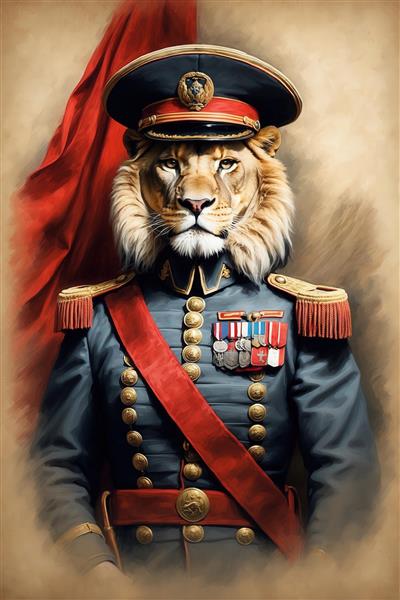 تصویر شیر نظامی با کلاه رسمی و یونیفرم خاکستری برای چاپ روتختی