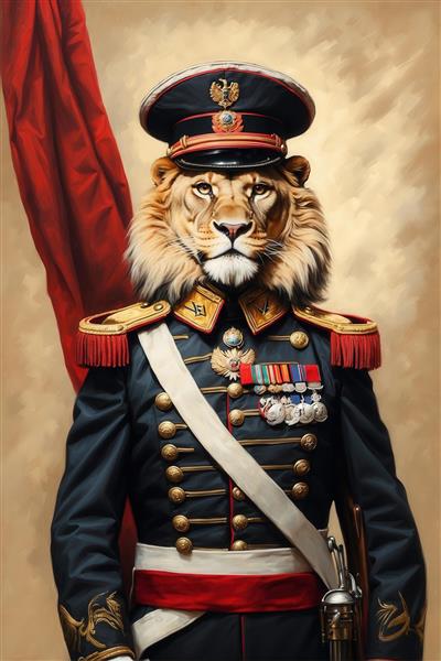 طرح شیر ژنرال با کلاه و یونیفرم مشکی در پس‌زمینه بژ و قرمز برای تابلو