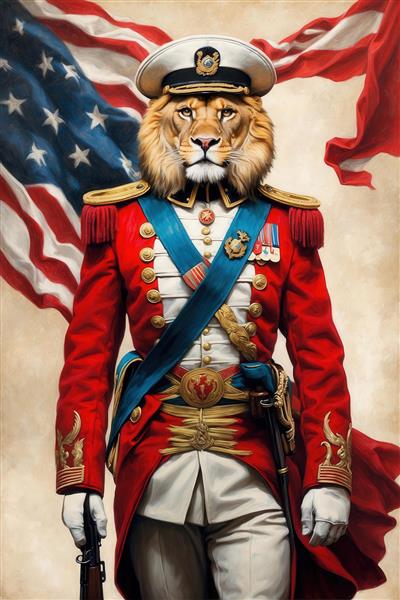 عکس شیر نظامی با پرچم آمریکا و یونیفرم قرمز و سفید برای پوستر باکیفیت