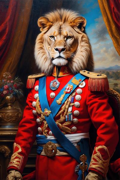 پرتره شیر سلطنتی با یونیفرم قرمز پرمدال و شال آبی برای تابلو پذیرایی
