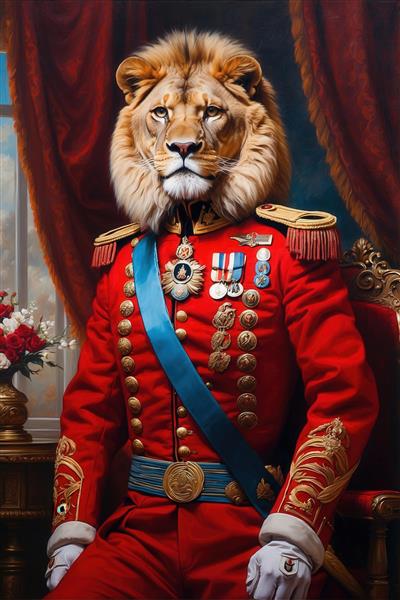تصویر شیر سلطنتی با یونیفرم قرمز و شال آبی در پس‌زمینه لوکس برای دکور