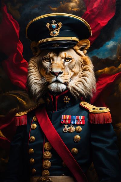 طرح شیر ژنرال با کلاه و یونیفرم سرمه‌ای و پرده قرمز برای چاپ پرده