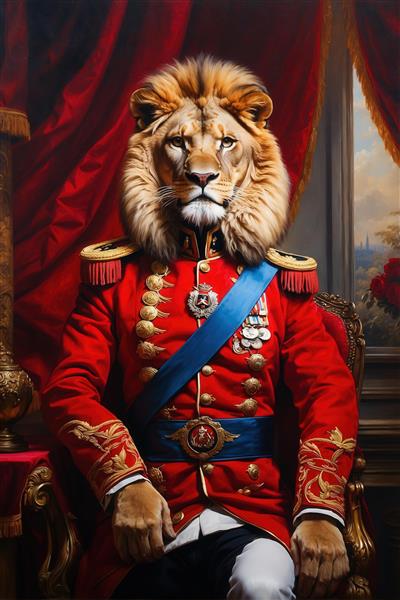 عکس پرتره شیر سلطنتی نشسته با یونیفرم قرمز و پرده‌های کلاسیک برای تابلو
