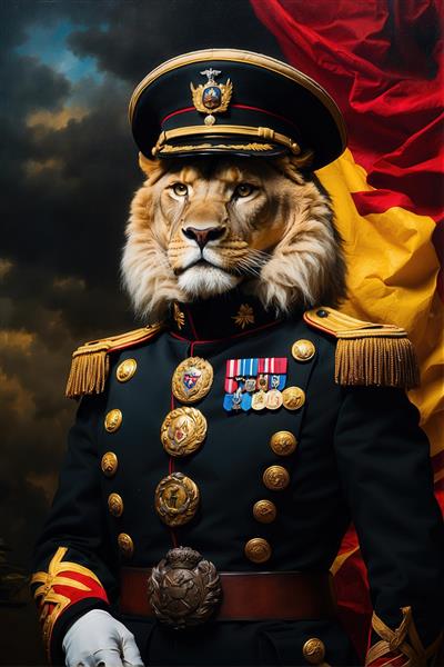 نقاشی شیر نظامی با کلاه رسمی در پس‌زمینه پرچم قرمز و زرد برای پوستر
