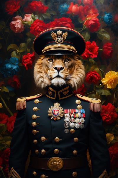 تصویر شیر ژنرال با یونیفرم مشکی و گل‌های رز قرمز برای دکوراسیون