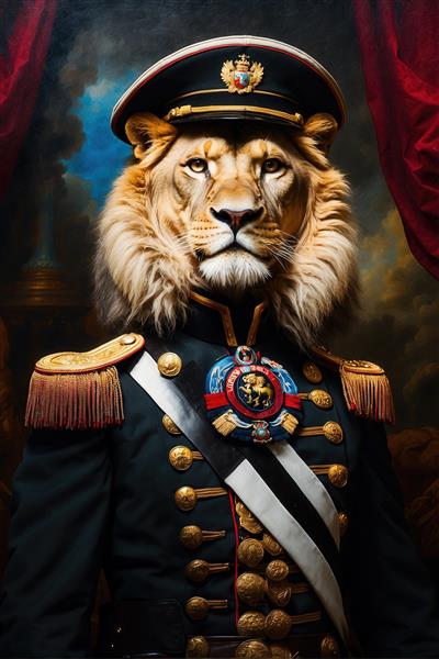 پرتره شیر سلطنتی با یونیفرم تیره و نشان بزرگ طلایی برای چاپ روتختی
