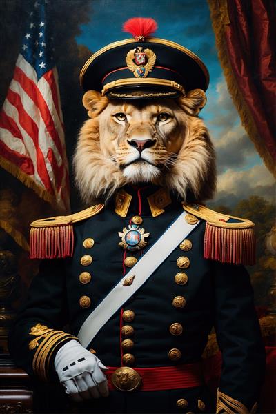 عکس شیر نظامی فانتزی با پرچم آمریکا برای تابلو اتاق کار