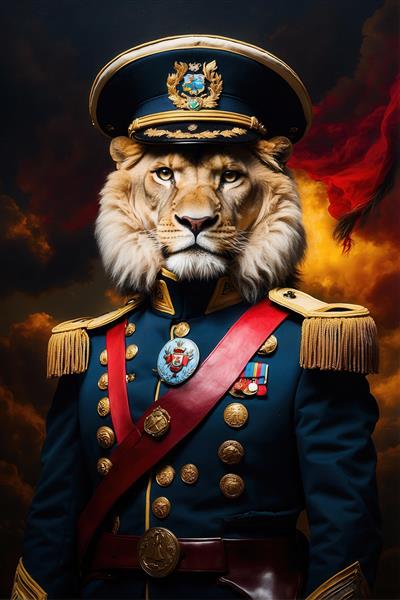 نقاشی شیر ژنرال با یونیفرم آبی‌تیره و شال قرمز در زمینه طوفانی