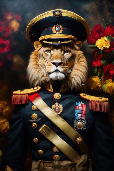 تصویر شیر با یونیفرم نظامی تیره و گلدوزی قرمز برای پوستر دیواری