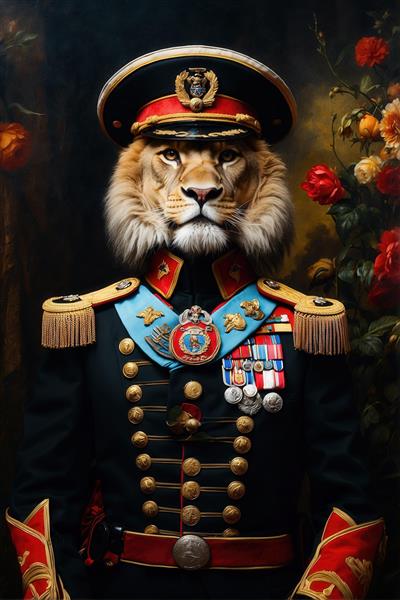طرح شیر فانتزی با یونیفرم مشکی و روبان آبی در میان گل‌ها برای تابلو