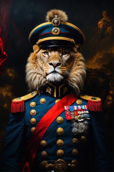عکس شیر نظامی با کلاه و یونیفرم آبی پرچمدار برای دکوراسیون کلاسیک