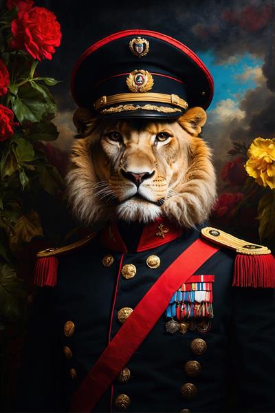 پرتره شیر سلطنتی با یونیفرم تیره و زمینه گل‌های سرخ برای چاپ پرده