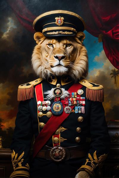 تصویر شیر ژنرال با یونیفرم مشکی پرمدال و کلاه نظامی برای پوستر