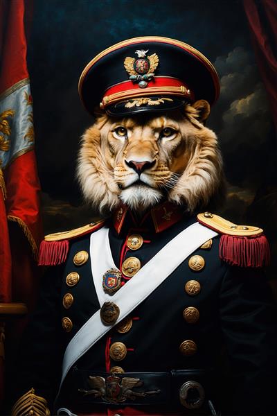 طرح شیر نظامی فانتزی با کلاه رسمی و شال سفید برای تابلو دیواری