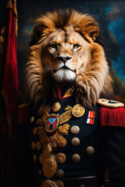 نقاشی پرتره شیر سلطنتی با یونیفرم مشکی و پر تزئینی برای دکوراسیون