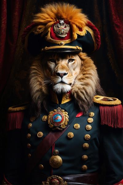 عکس شیر با کلاه نظامی و یونیفرم تیره با مدال‌های بزرگ برای چاپ روتختی