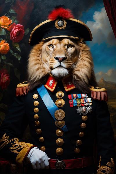 پرتره شیر سلطنتی با یونیفرم مشکی و روبان آبی در زمینه گل برای پوستر