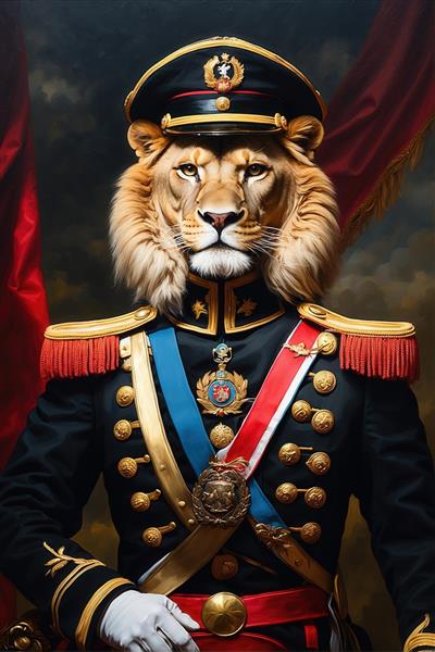تصویر شیر ژنرال فانتزی با کلاه و یونیفرم مشکی برای دکوراسیون داخلی