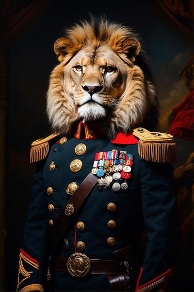 طرح شیر سلطنتی فانتزی با یونیفرم سبزتیره و مدال‌های کامل برای تابلو