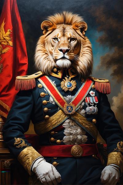 نقاشی شیر نظامی با یونیفرم سرمه‌ای و روبان قرمز برای چاپ پرده