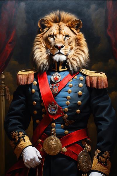 پرتره شیر سلطنتی با یونیفرم آبی و مدال‌های طلایی برای پوستر دیواری