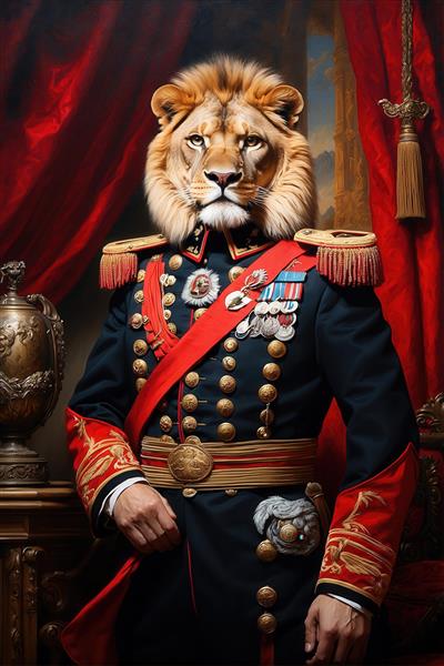 عکس شیر با لباس ژنرال نظامی آبی‌تیره و شال قرمز برای دکور اتاق کار