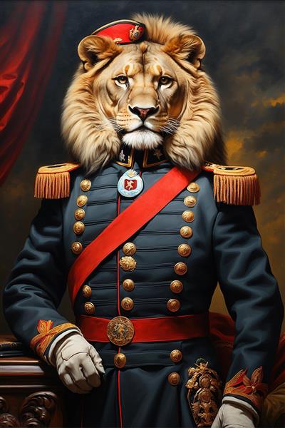 تصویر شیر فانتزی با یونیفرم تیره و شال قرمز برای تابلو اتاق نشیمن