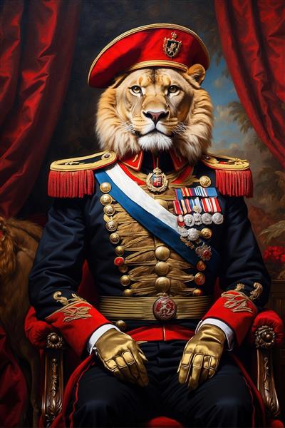 طرح شیر نظامی فانتزی با کلاه قرمز و یونیفرم سرمه‌ای برای چاپ کوسن