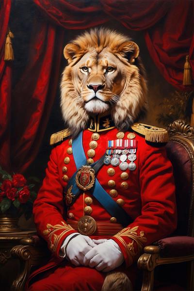 نقاشی پرتره شیر سلطنتی با یونیفرم قرمز و شال آبی برای دکوراسیون کلاسیک