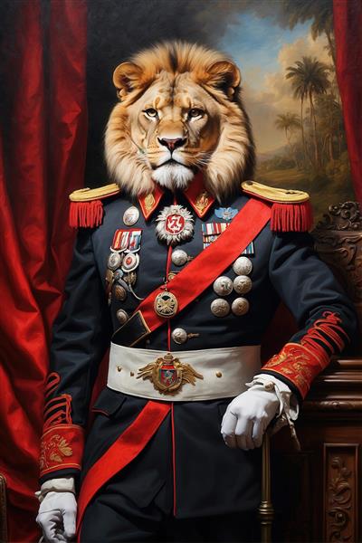 عکس شیر با لباس ژنرال نظامی سلطنتی مشکی برای تابلو و پرده