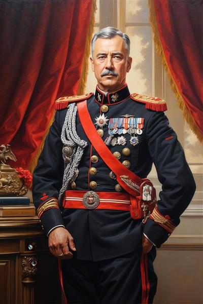 عکس پرتره ژنرال ارتش با یونیفرم مشکی و شال قرمز برای تابلو باکیفیت